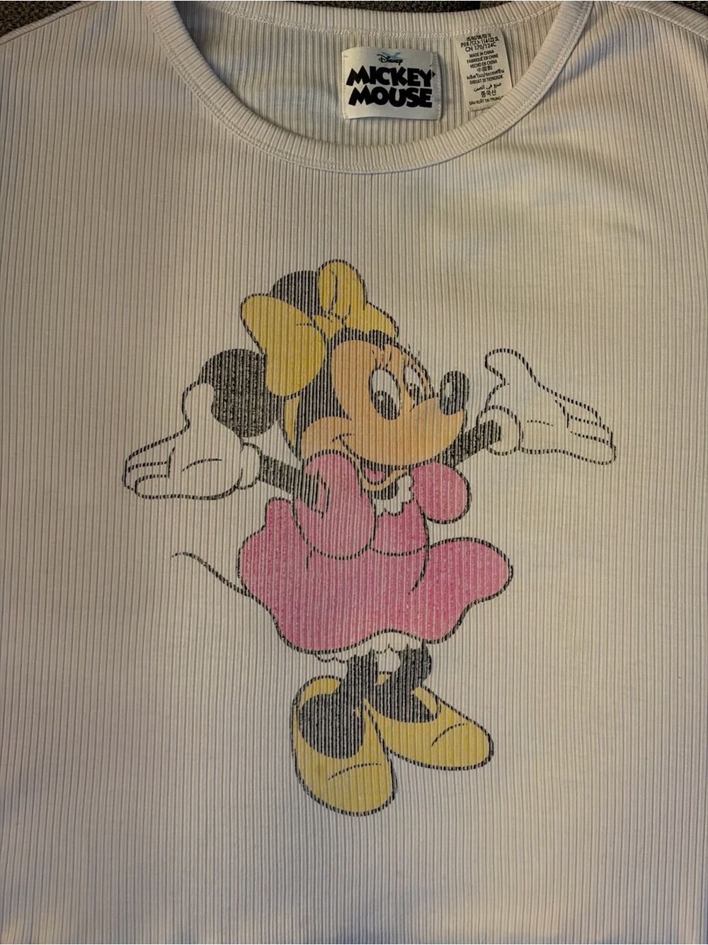 Disney Mickey Mouse White Ribbed Crop Top with Pink Minnie Graphic